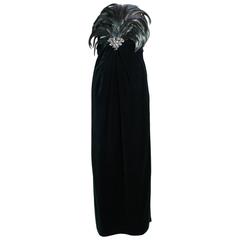 1980's Bill Blass Velvet Gown with Dramatic Feathered Bodice