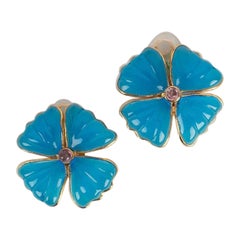 Augustine - Boucles d'oreilles clip en métal doré et pâte de verre bleue