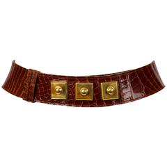Vintage 1960's HERMES brown alligator leather belt with gilt hardware