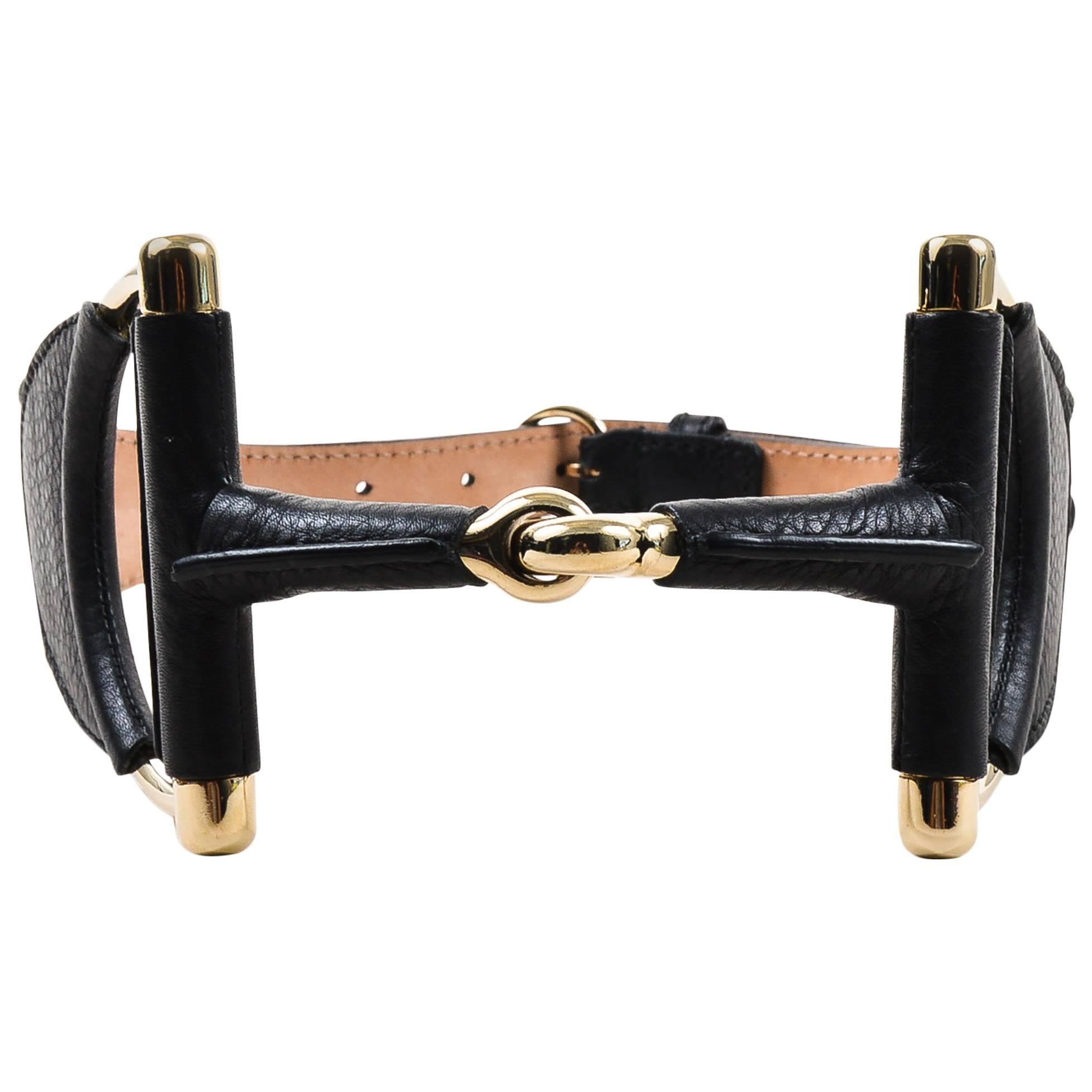 Gucci Black Gold Tone Leather Horsebit Belt SZ 65 For Sale