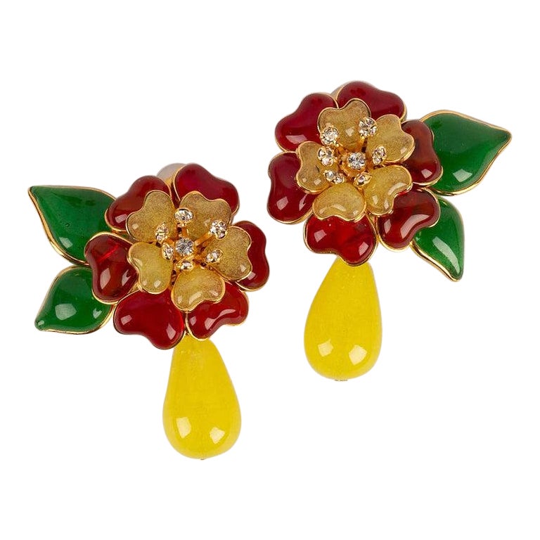 Augustine Gold Metal and Red Glass Paste Clip Earrings For Sale