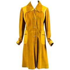 Vintage Gucci Yellow Suede Leather Trim Horseshoe Hardware Long Jacket Size 48