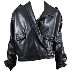 Vintage Gianni Versace Black Leather Half Embossed Cropped Moto Jacket