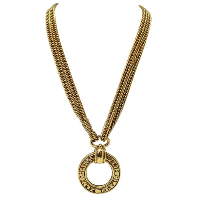 Chanel Vintage Double Chain Glass Pendant Necklace