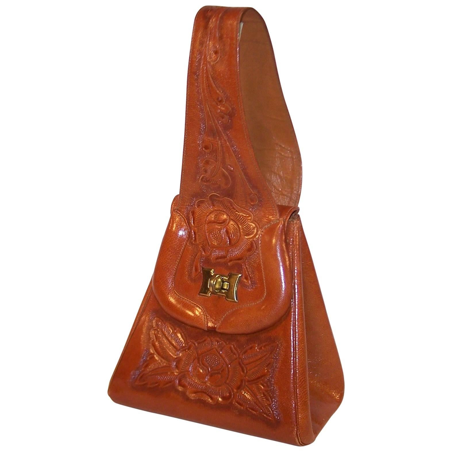 Unique 1940's Tooled Leather Saddlebag Style Handbag
