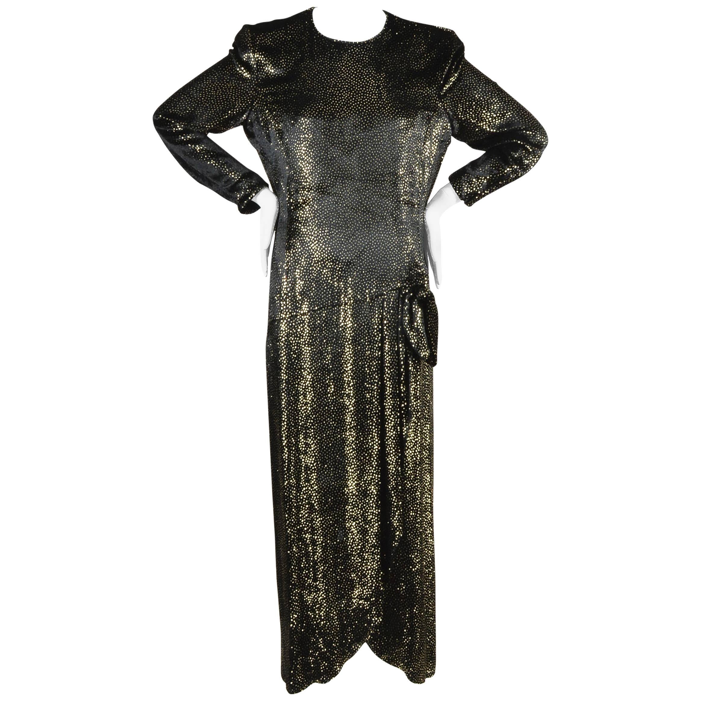 Vintage Escada Black Metallic Gold Velvet Sparkle Long Sleeve Dress SZ 42 For Sale
