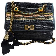 Lanvin Black Satin Bijoux Sequin Turnlock 'Happy' Shoulder Bag