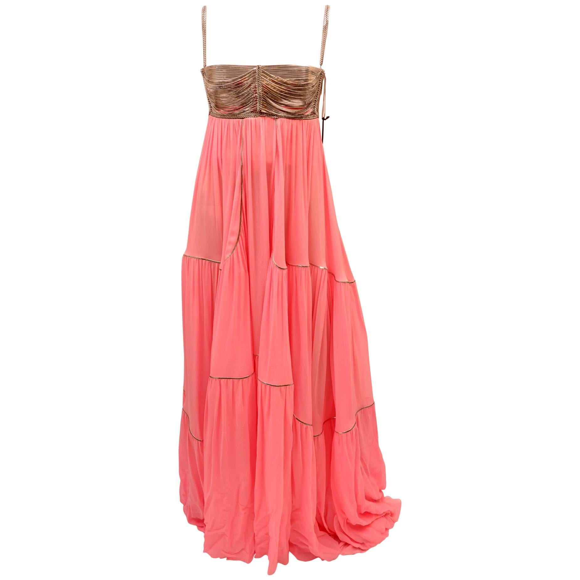 New VERSACE METAL EMBELLISHED PINK SILK GOWN 