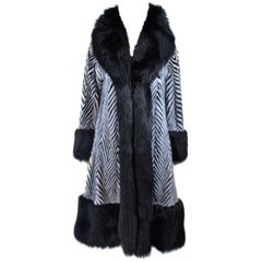 ZACCARIA FURS Black and White Mink Chevron Fur Coat with Fox Trim Size 6-8