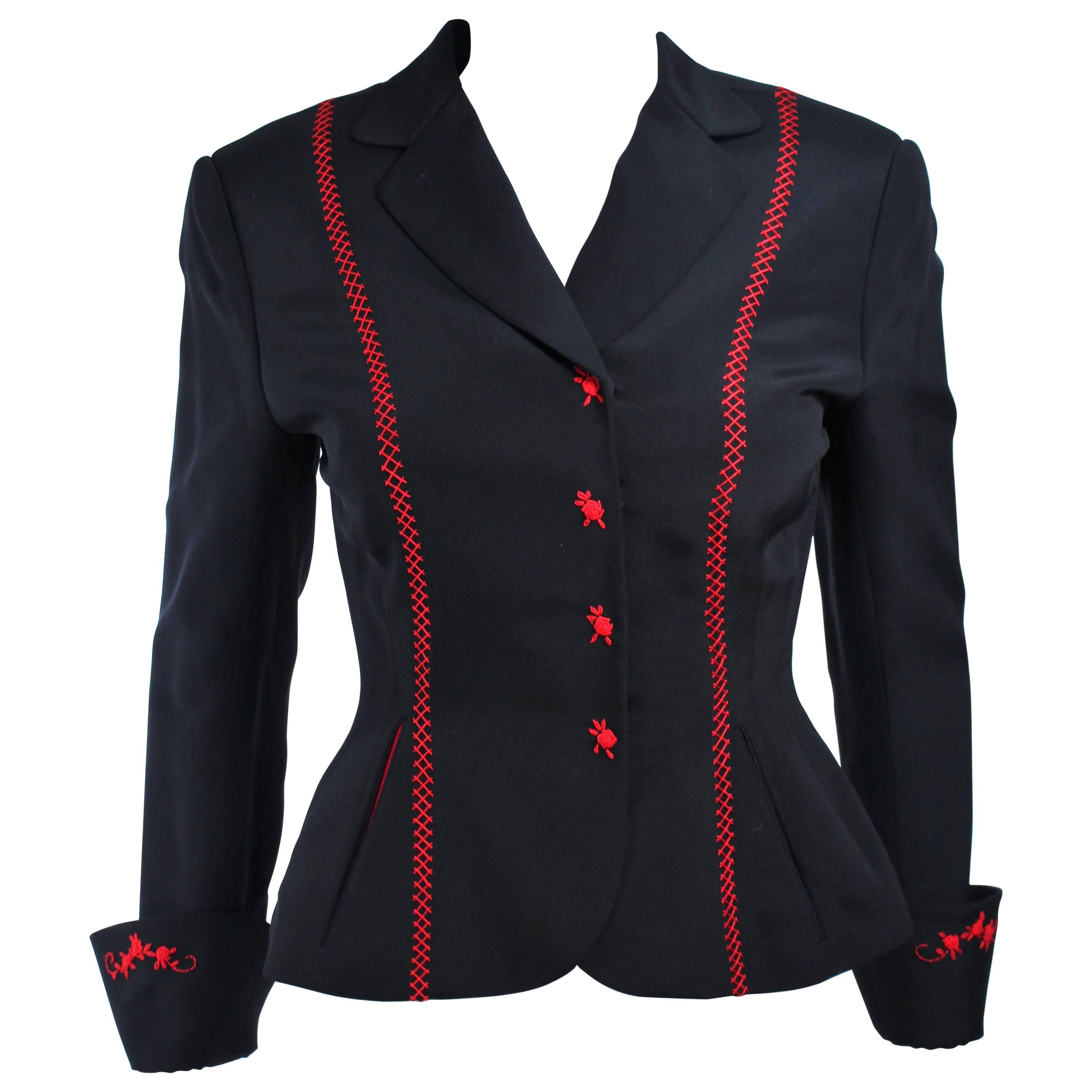 RICHARD TYLER Black and Red Fitted Jacket with Floral Pattern Size 2 4 For Sale