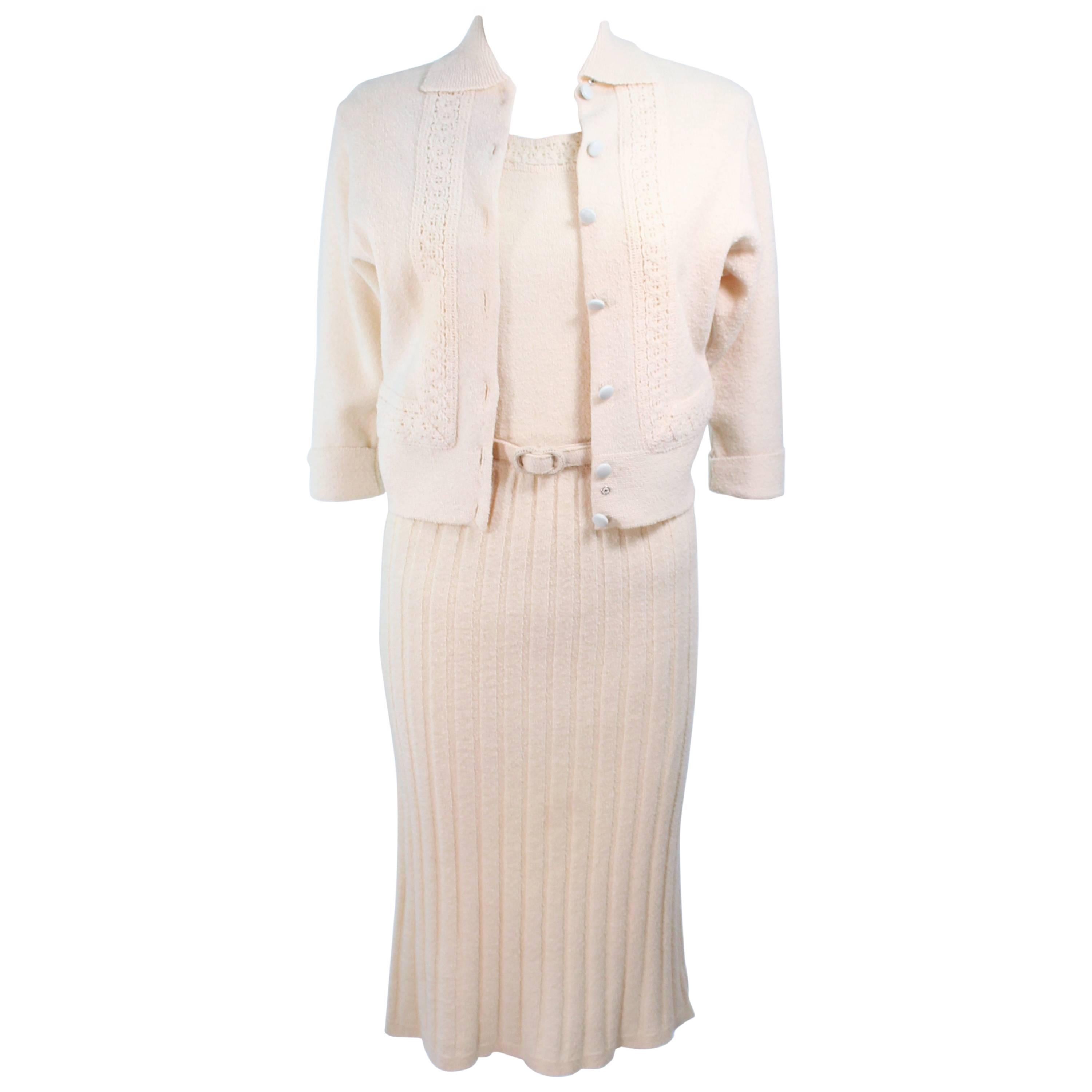Ivory 1950's Zephyr Chenille Wool Stretch Knit Dress and Sweater Ensemble Size 4 For Sale