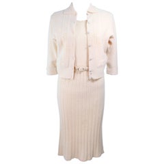 Ivory 1950's Zephyr Chenille Wool Stretch Knit Dress and Sweater Ensemble Size 4