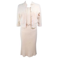 Ivory 1950's Zephyr Chenille Wool Stretch Knit Dress and Sweater Ensemble Size 4 5