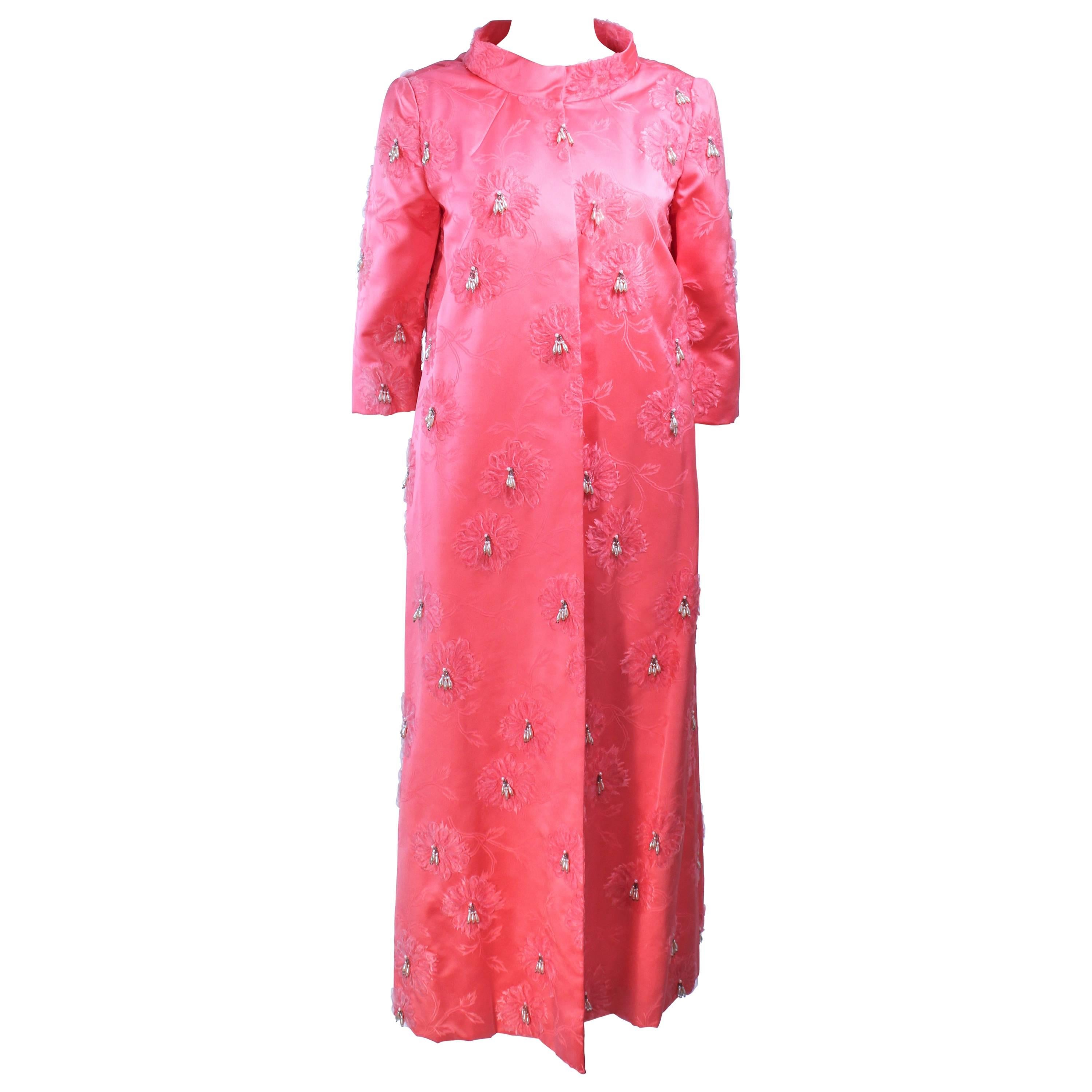 Pink 1950's Silk Beaded Opera Coat Size 6  For Sale