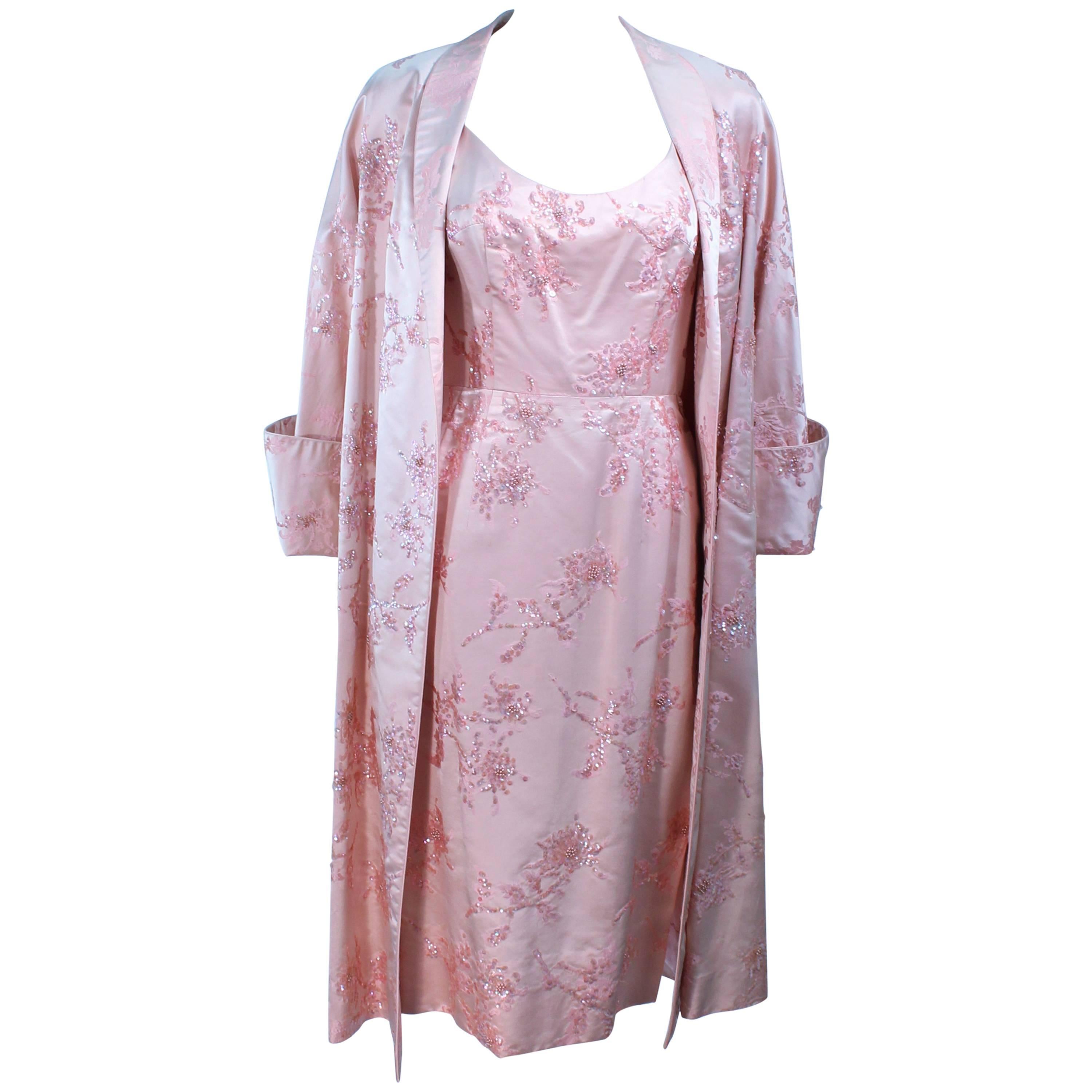 CLEMO 1950's Pink Silk Sequin Cocktail Dress and Coat Ensemble Size 4