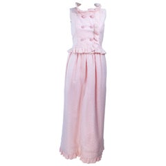 Vintage COURREGES COUTURE Pink Iridescent Crystal Button Skirt & Blouse Ensemble Size 2