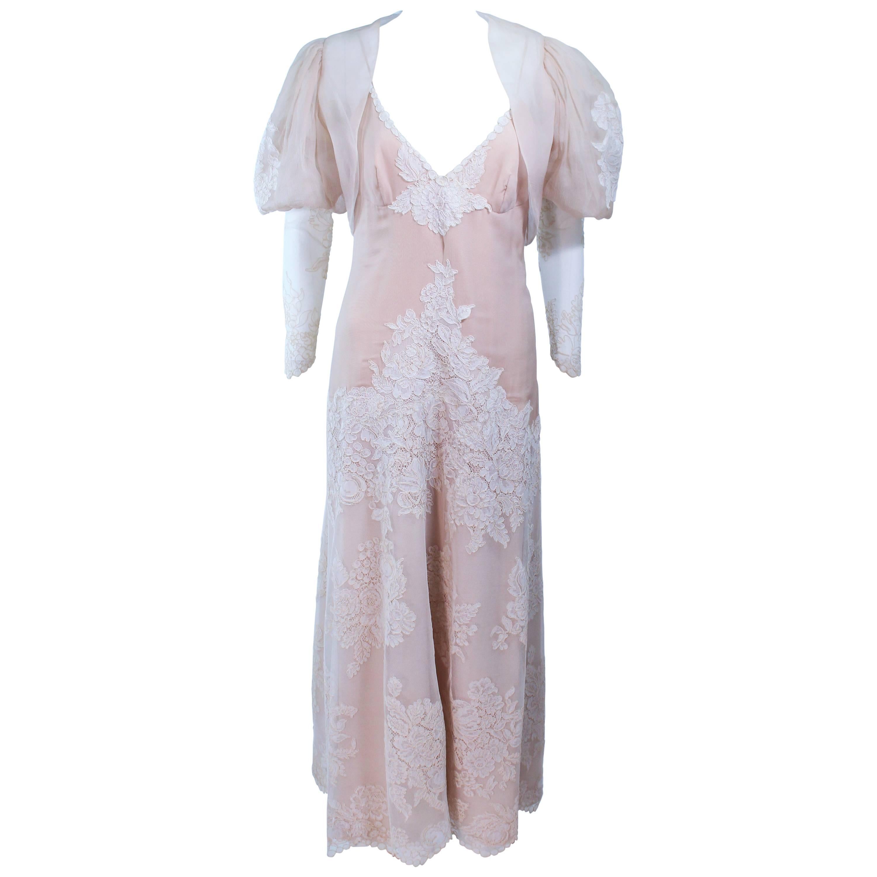 1970's Custom Nude and White Lace Ensemble Puff Sleeve Bolero Size 4 For Sale