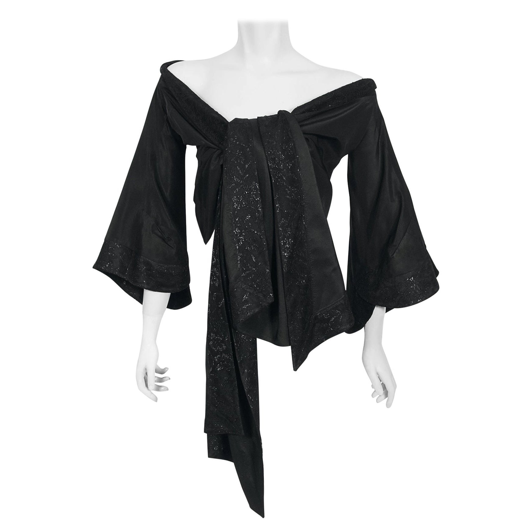 1994 John Galliano Black Silk & Metallic Lace Cropped Kimono-Style Wrap Jacket