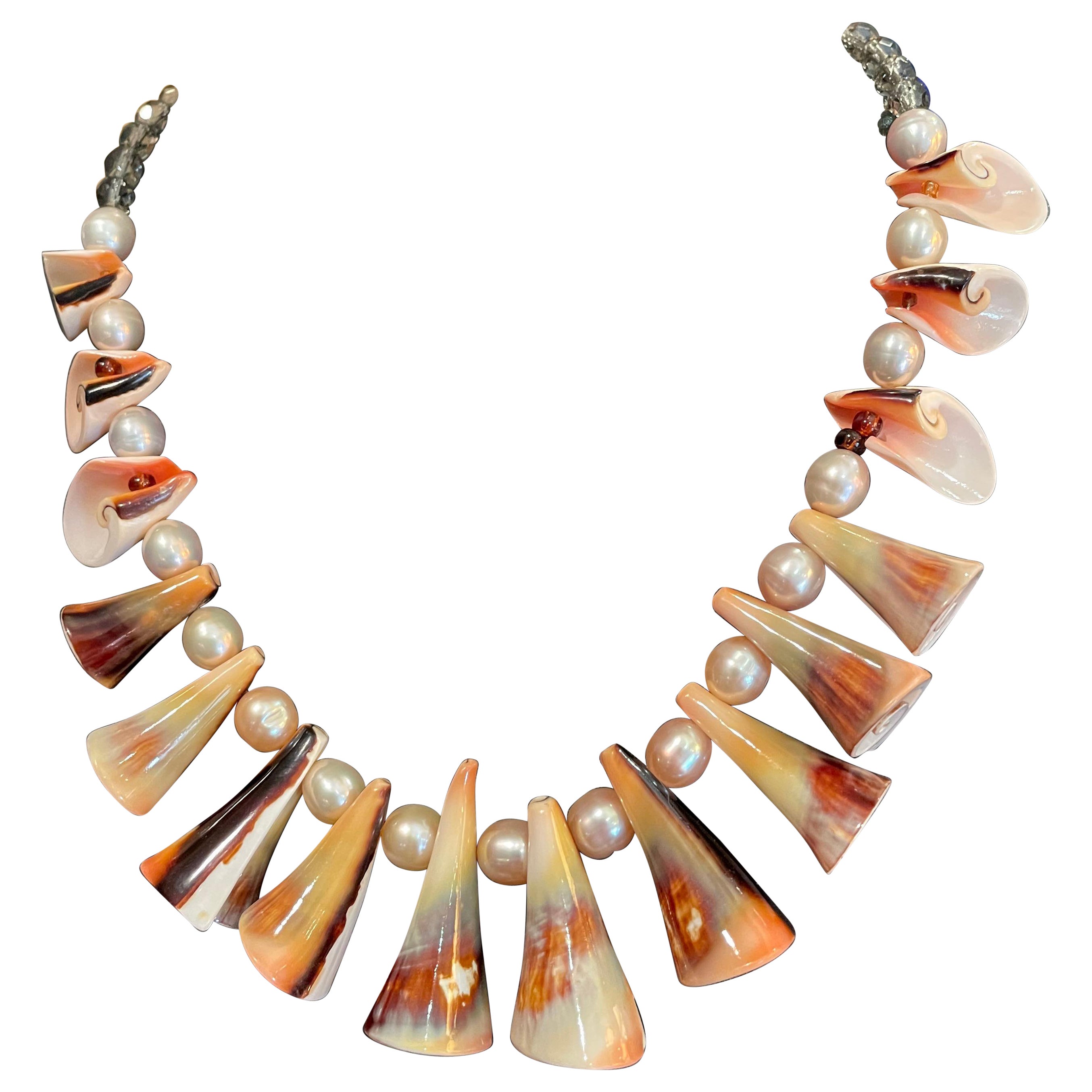 LB Conch Shell Pearls Vintage glass Beads One of a Kind Handmade necklace For Sale