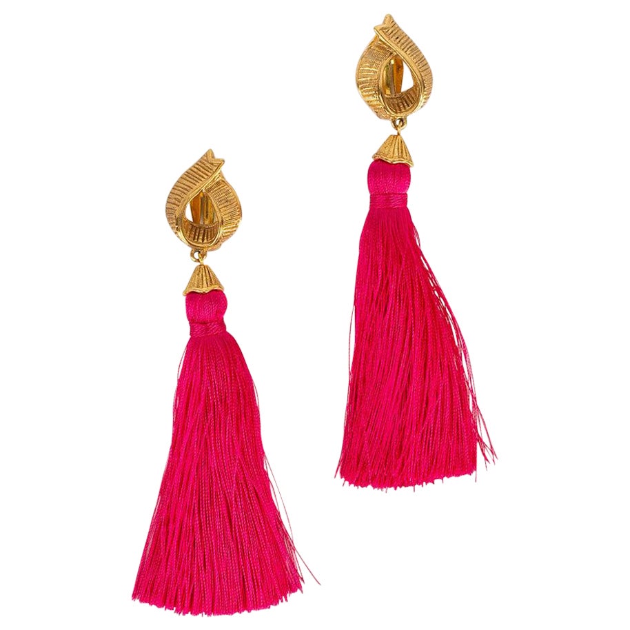 Yves Saint Laurent Gold Metal Earrings with Pink Tassels For Sale
