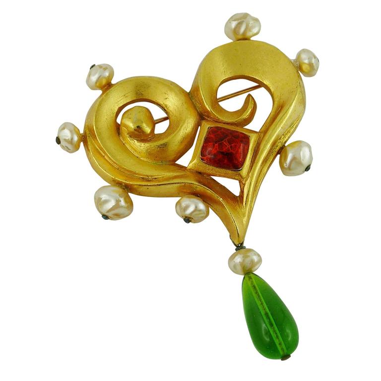 Christian Lacroix Vintage Jewelled Baroque Heart Brooch For Sale at 1stdibs
