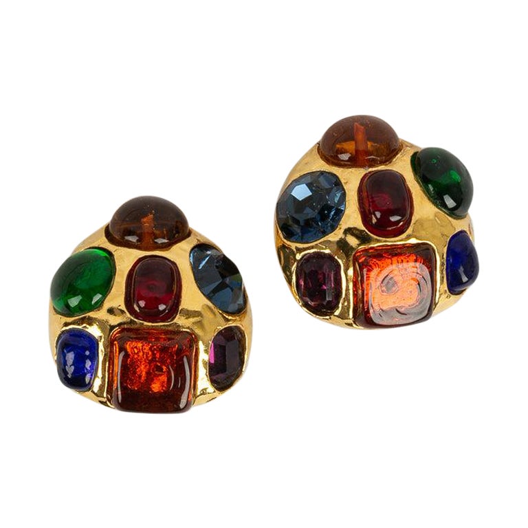 Chanel Earrings in Gold Metal Paved with Cabochons and Multicolored Rhinestones For Sale