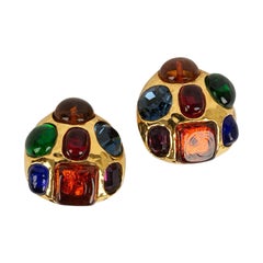 Retro Chanel Earrings in Gold Metal Paved with Cabochons and Multicolored Rhinestones