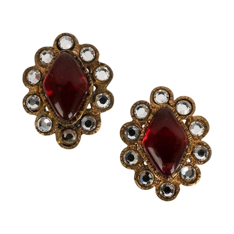 Chanel Gold Earrings with Rhinestones and Red Glass Paste Cabochon For Sale