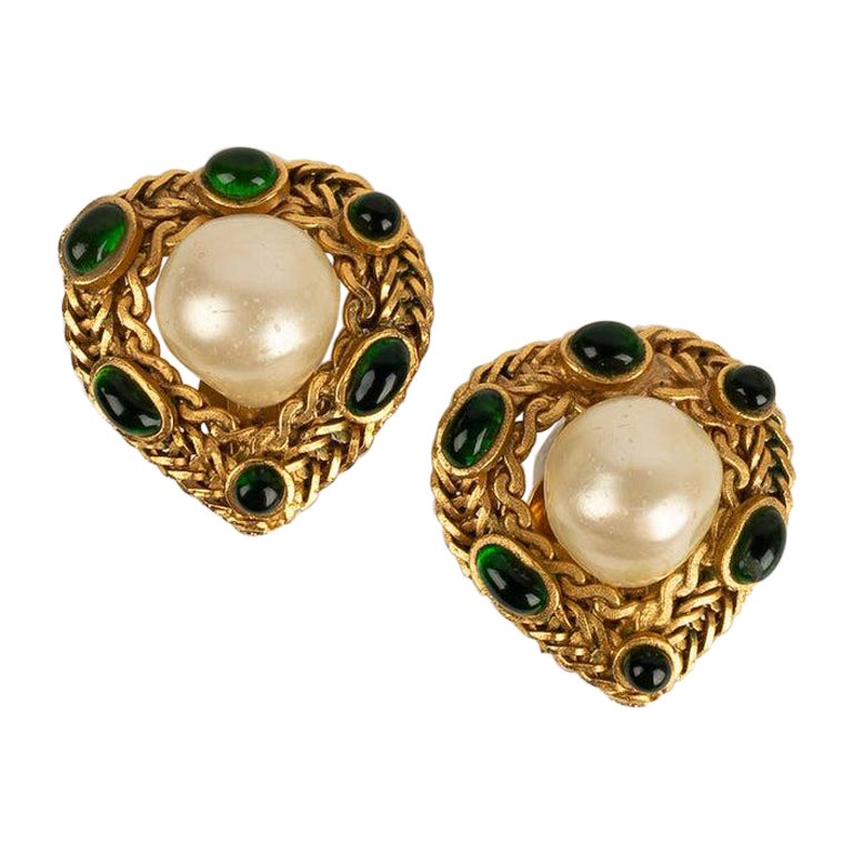 Chanel Earrings in Gilded Metal, Paved with Glass Cabochons For Sale