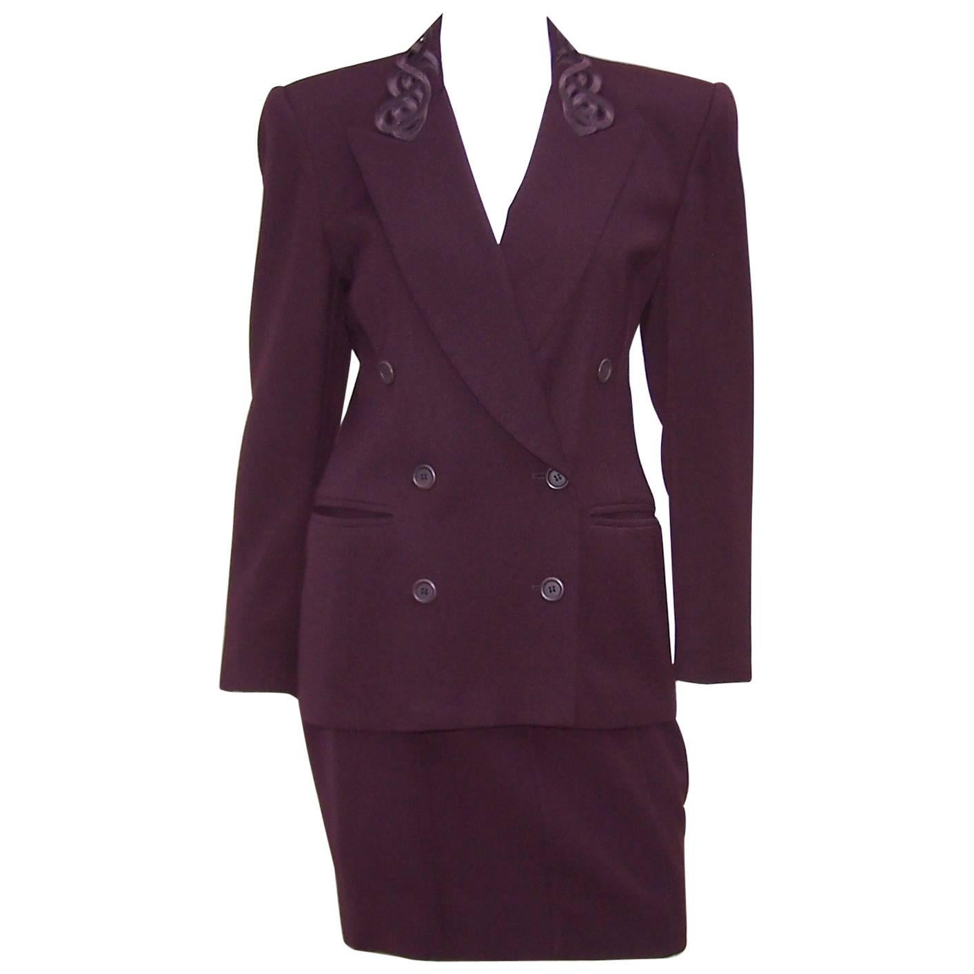 Embroidered 1980's Escada Aubergine Skirt Suit With Cut Out Collar