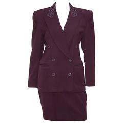 Embroidered 1980's Escada Aubergine Skirt Suit With Cut Out Collar 1