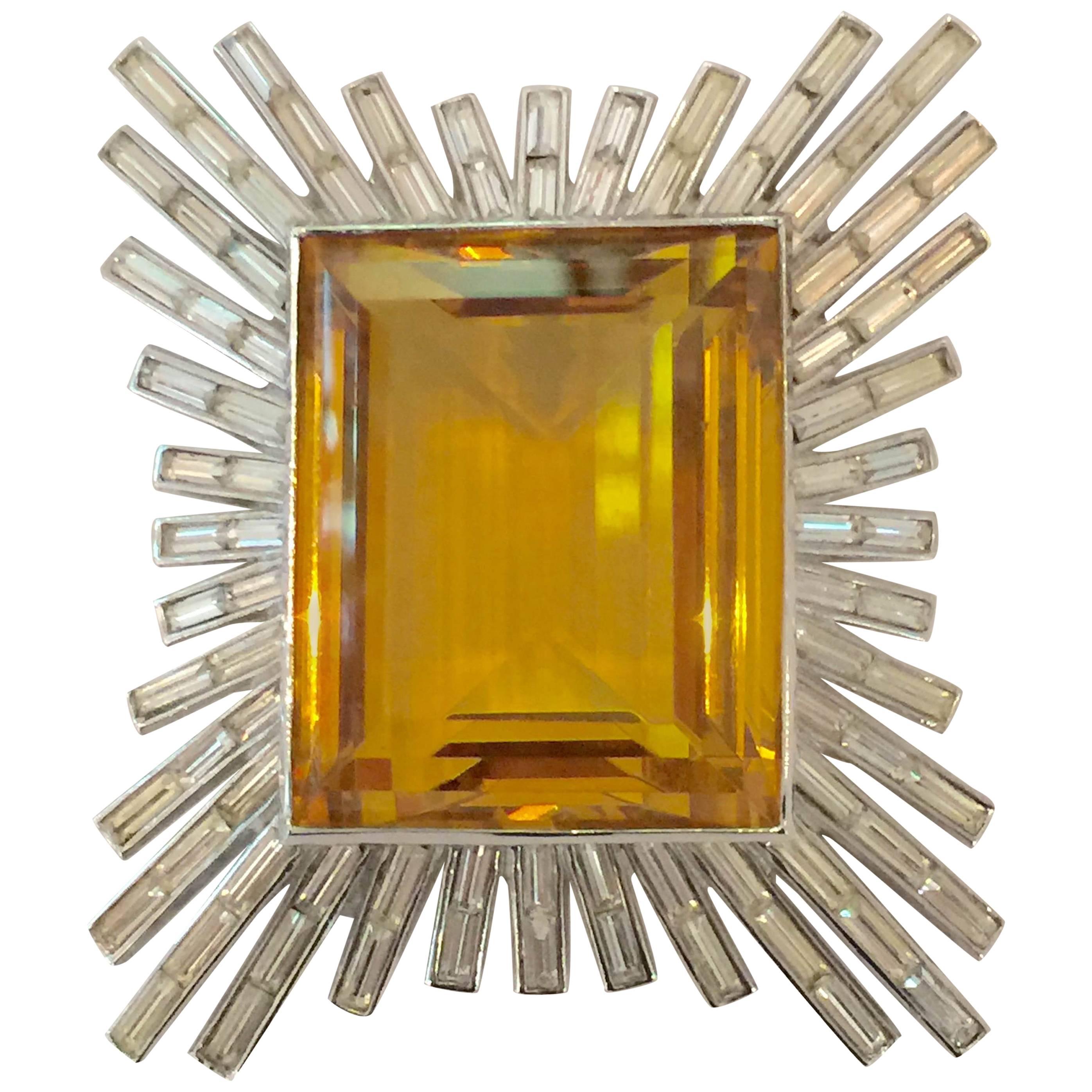 Dazzling 1950s Brilliant Baguette TRIFARI Brooch Pin with MASSIVE Amber Stone For Sale