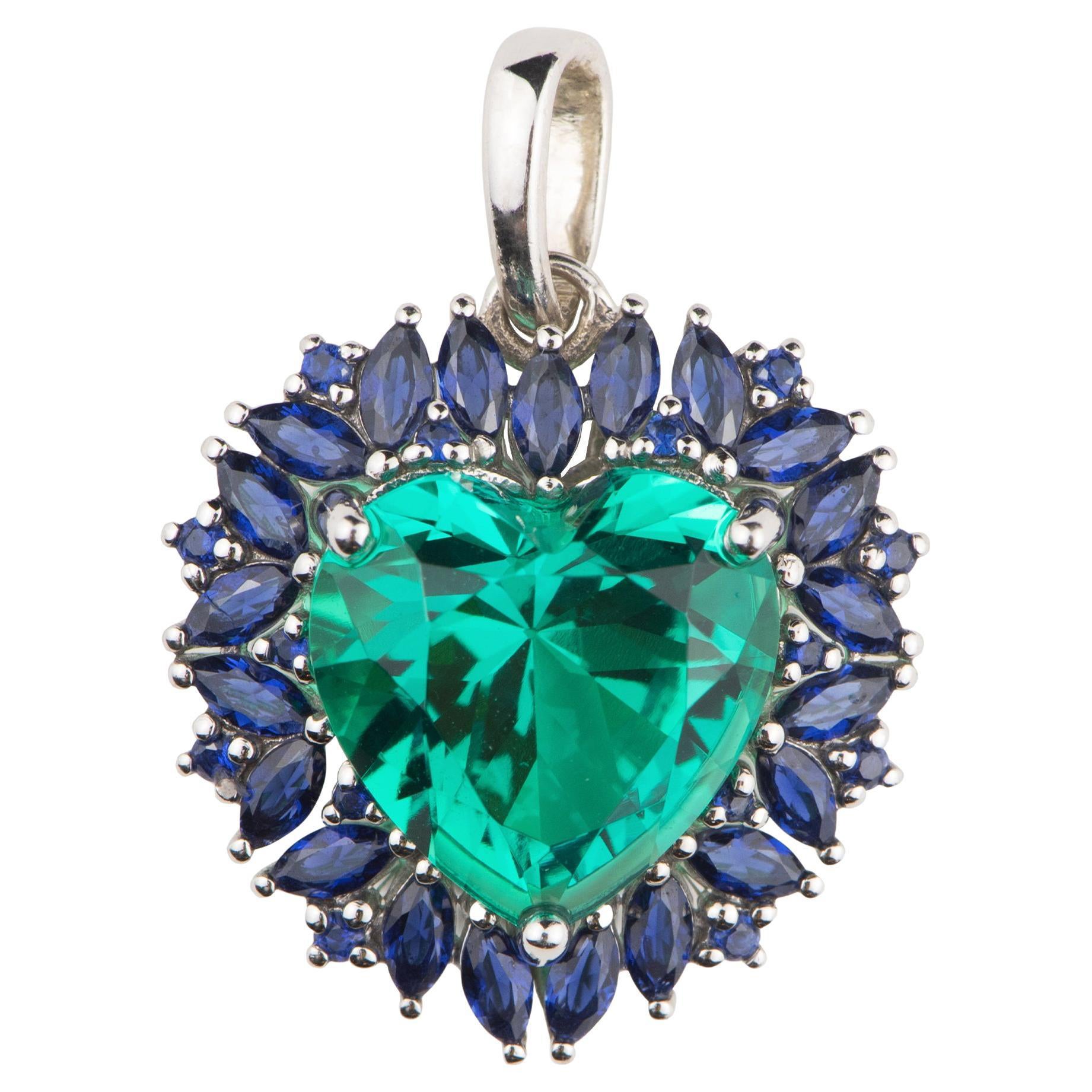Beating Heart Pendant, Green Emerald Heart and Marquise Blue Sapphires, 10kt For Sale