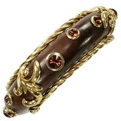 Dominique Aurientis Rhinestone, Gilt Metal and Polished Wood Bangle - 1980s 1