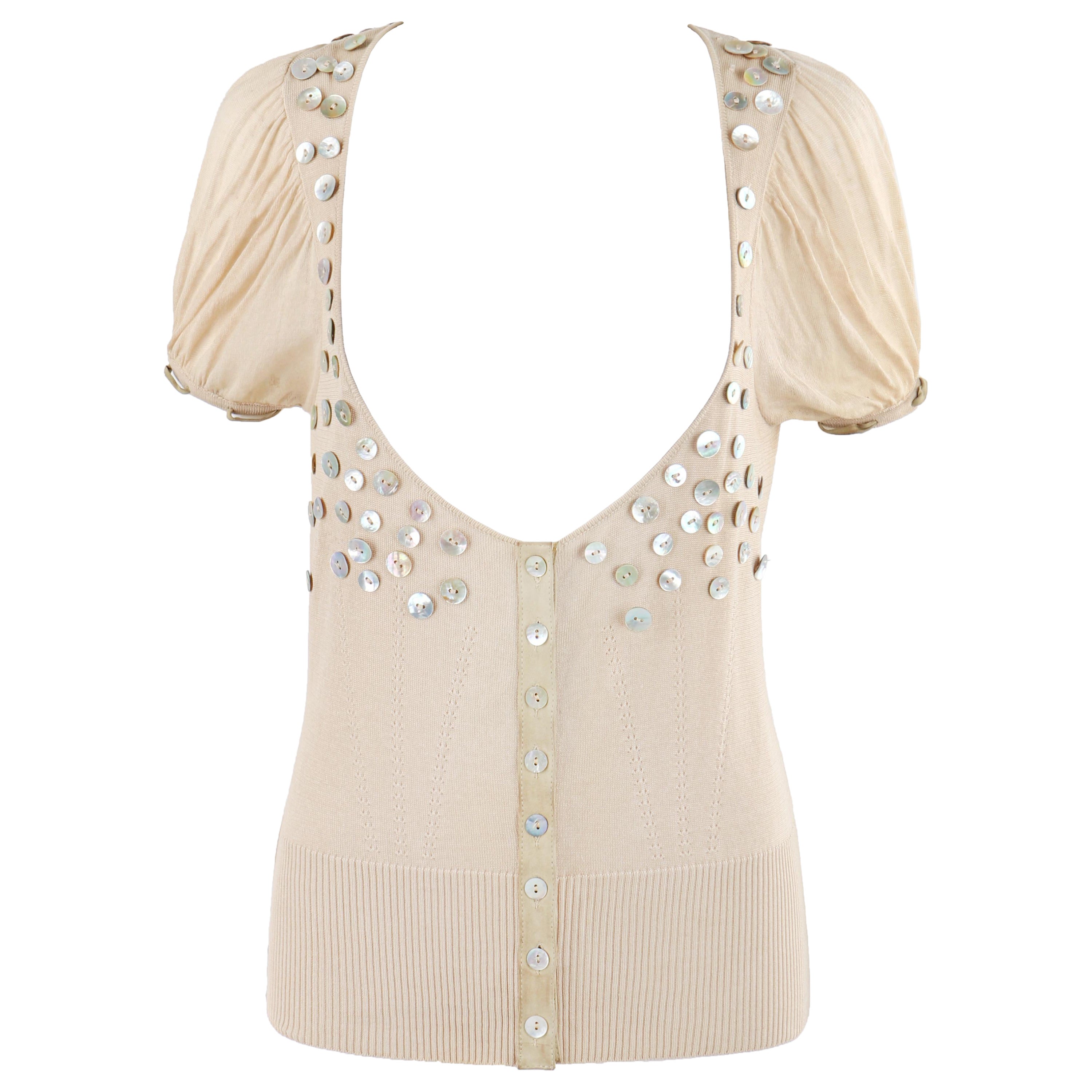 ALEXANDER McQUEEN S/S 2003 "Irere" Tan Knit Button Embellished Plunge Blouse Top For Sale