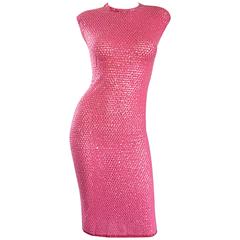 1950s Hot Pink Vintage Sequin Irridescent Allover Sequin Crochet Wiggle Dress