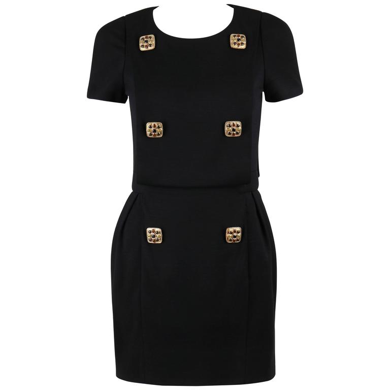 CHANEL PARIS-BYZANCE 11A Black Wool Short Sleeve Gripoix Button Dress ...