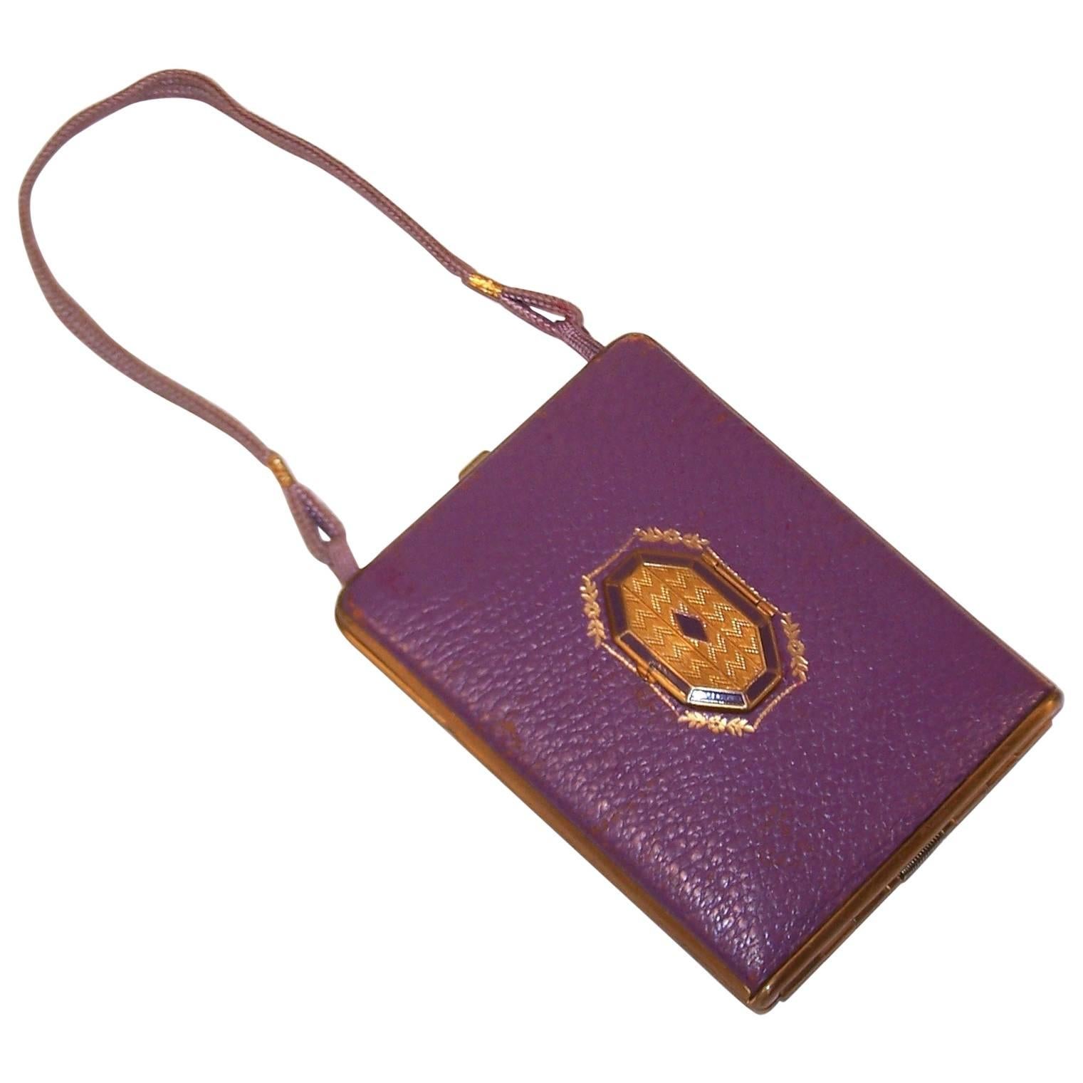 Art Deco 1920's Mondaine Purple Leather Compact Wristlet