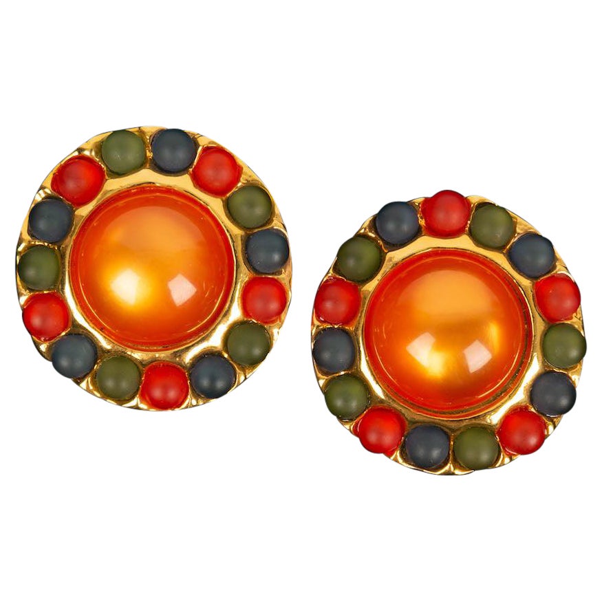 Chanel Gold-Plated Metal Clip Earrings Paved with Resin Cabochons For Sale