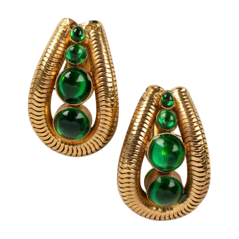 Chanel Gold Plated Metal Earrings with Glass Paste Cabochons For Sale
