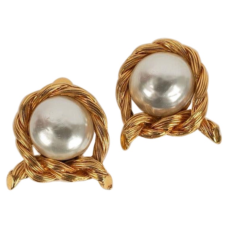 Chanel Gold-Plated Metal & Pearl Clip Earrings  For Sale