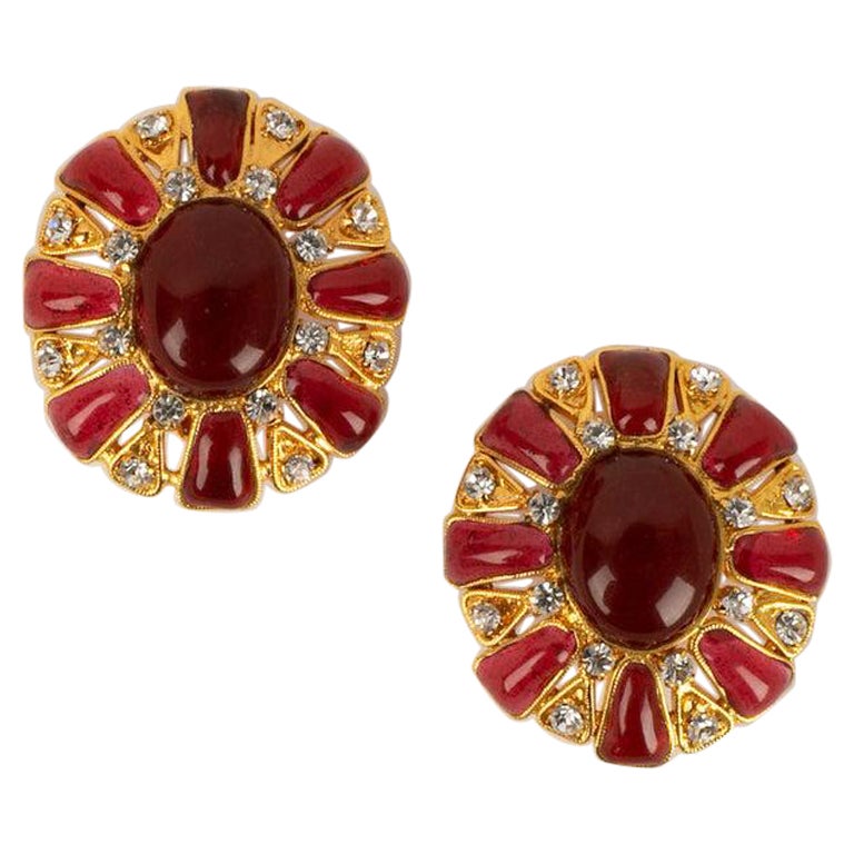 Chanel Gold Plated Metal and Red Glass Paste Clip Earrings For Sale