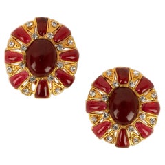 Retro Chanel Gold Plated Metal and Red Glass Paste Clip Earrings