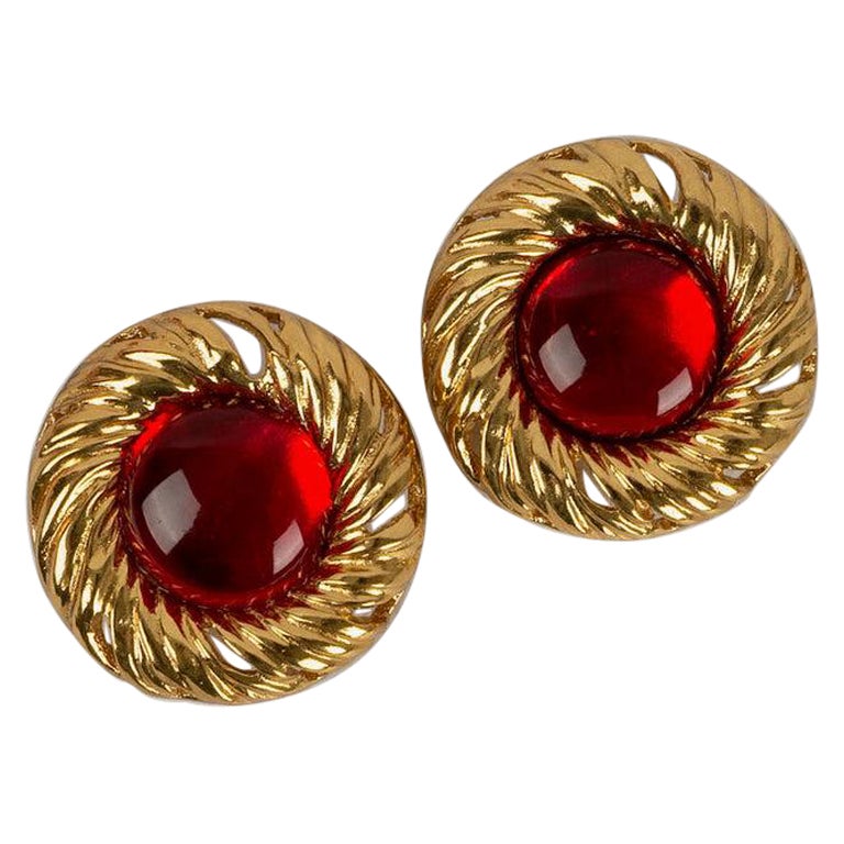 Yves Saint Laurent Gold-Plated Metal Earrings with Red Glass Paste Cabochons For Sale