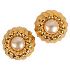 Vintage Chanel Golden Metal and Pearly Cabochon Clip Earrings
