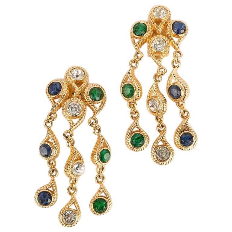 Christian Dior Earrings in Golden Metal and Rhinestone For Sale