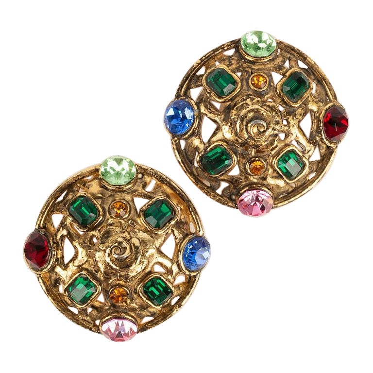 Ungaro Earrings in Golden Metal and Multicolored Rhinestones For Sale