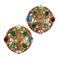 Vintage Ungaro Earrings in Golden Metal and Multicolored Rhinestones