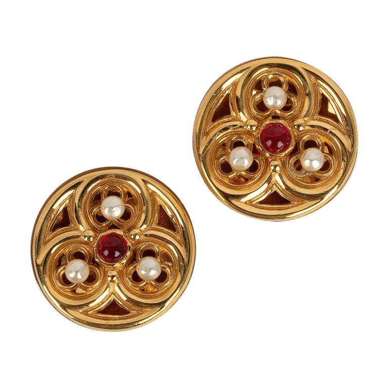 Chanel Golden Metal Earrings, Pearls and Red Glass Paste Cabochons, Fall 1989  For Sale