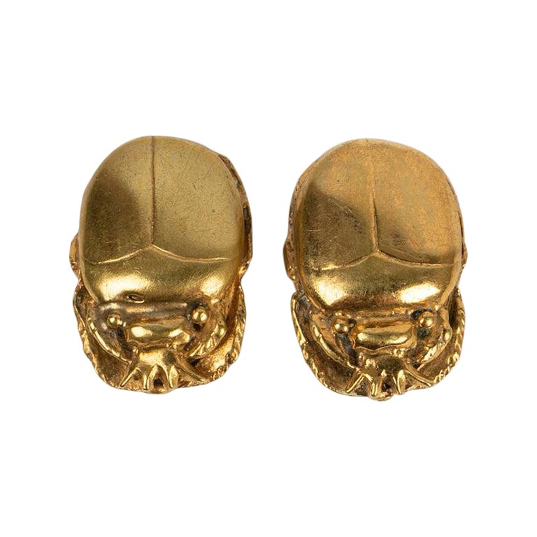 Chanel "Scarabée" Golden Metal Clip Earrings Featuring a Beetle  For Sale